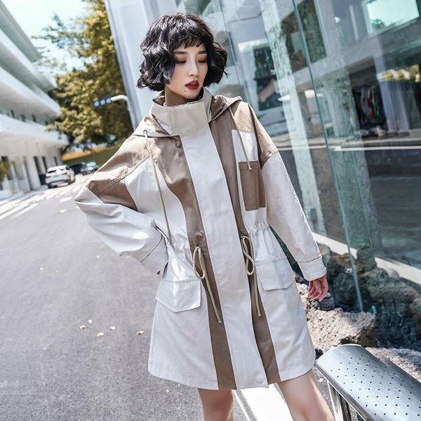 

women's trench coats coat for women 2021 england style fashion patchwork khaki front zipper hooded outerwear ladies leisure wear clothe, Tan;black