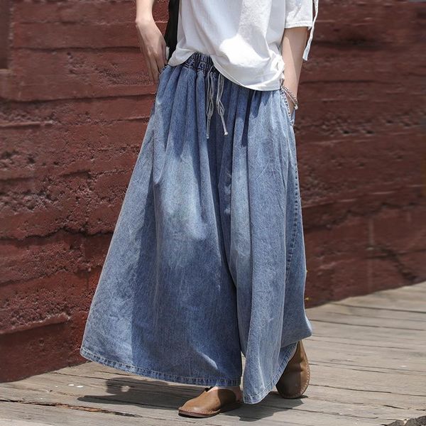 

women's jeans [ewq] 2021 spring autumn elastic adjustable waist loose large size vintage eide leg pants women fashion tide ak33205, Blue