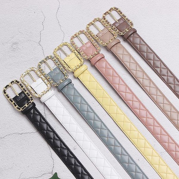 

belts 2021 chic diamond lattic waist belt cow leather pant metal buckle chain adjustable white yellow waistband caestus, Black;brown