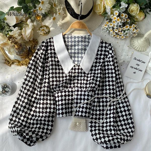 

women's blouses & shirts whitney wang woman 2021 fashion vintage style diamonds edging lantern sleeve plaid blouse women blusas shirt, White
