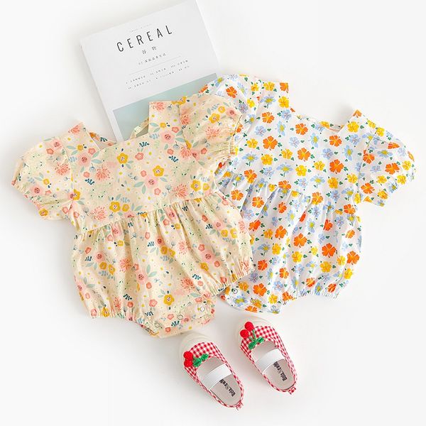 

2021 newborn baby girl short sleeve retro floral cotton baby bodysuit romper one pieces princess girls summer clothes 0-2years, Blue