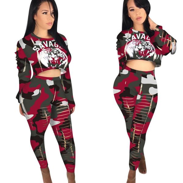

two piece dress lady print sweatsuit animal spliced crop and broken hole pencil pants 2 set fashion sports suit, White