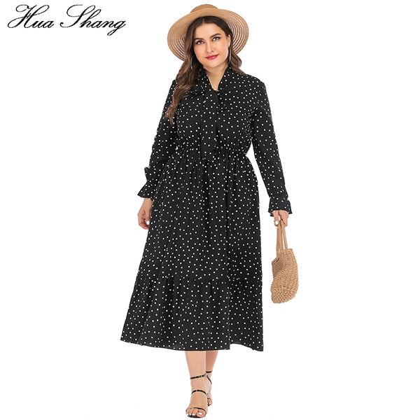 

6xl plus size shirt dresses women polka dot summer casual long sleeve bohemian maxi dress bow knot collar tunic beach dresses, Black;gray