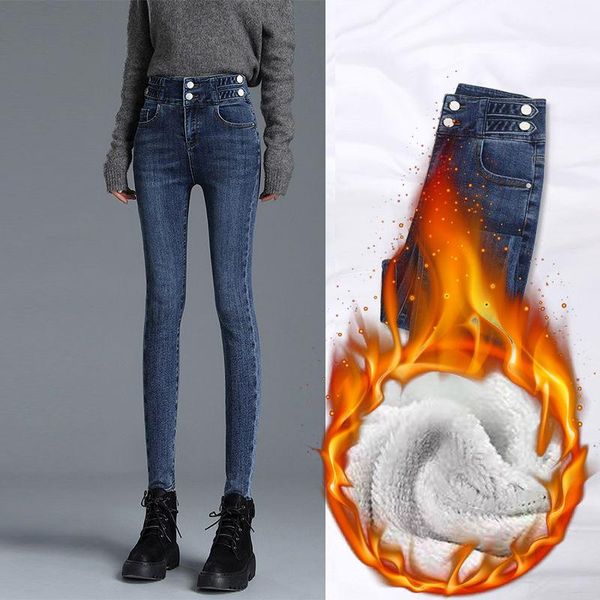 

women high waist denim pants autumn winter plus velvet jeans stretched slim body pencil ladies cowboy y670 women's, Blue