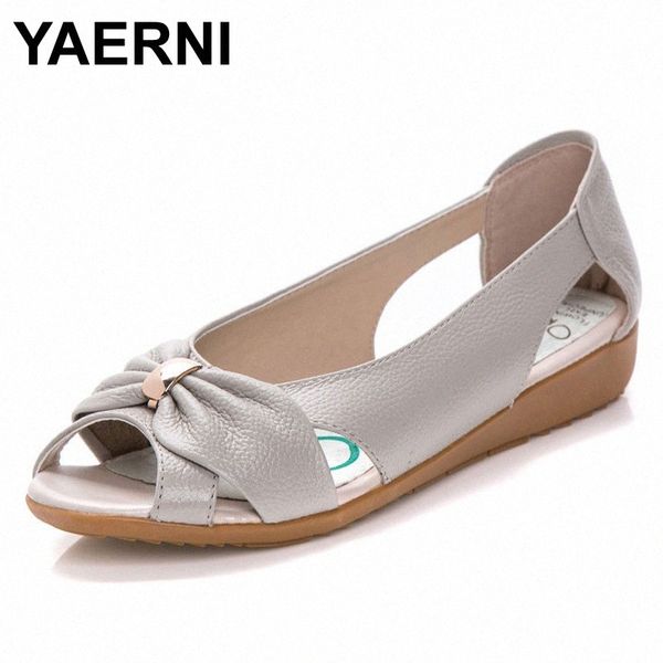 

yaerni fashion genuine leather ladies sandals women cow leather hollow flat bowknot butterfly knot metal plus size woman sandals c1sz#, Black