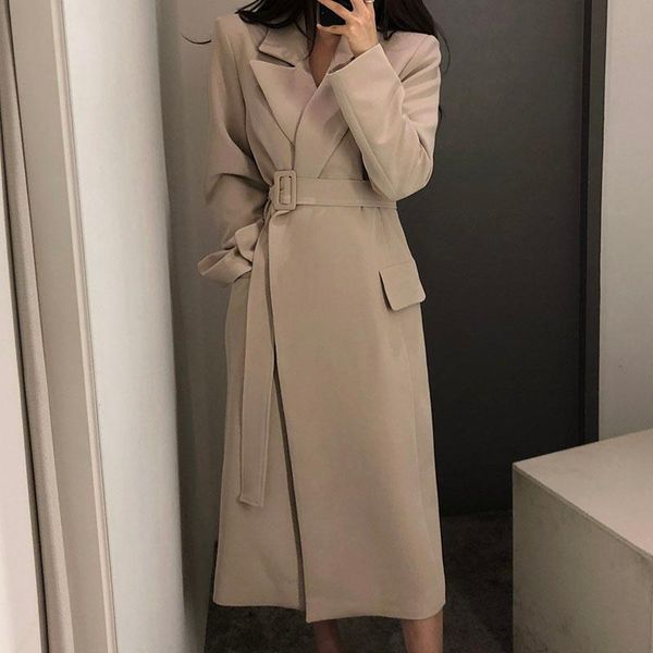 

women's suits & blazers korean autumn elegant black lapel lace up waist slim long sleeve knee length khaki suit coat women fashion 2021, White;black