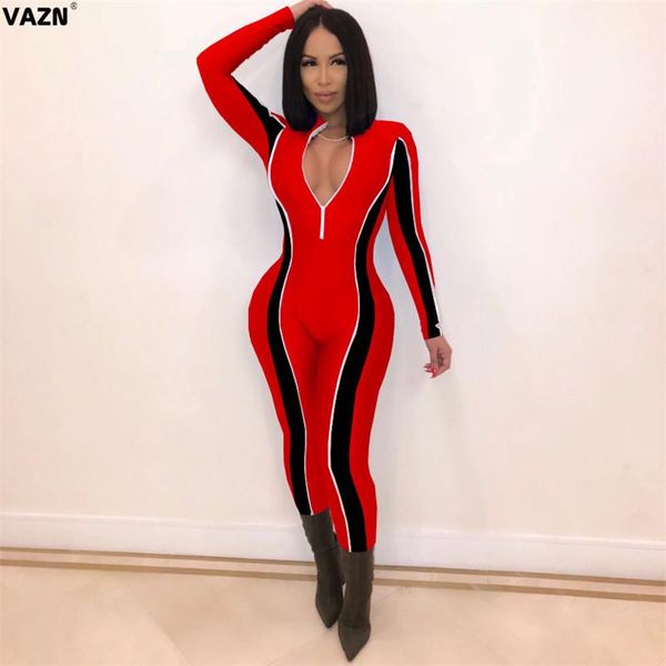

women's jumpsuits & rompers vazn red solid 2021 fashion high street casual bodycon zipper neck moto long pants slim jumpsuit, Black;white