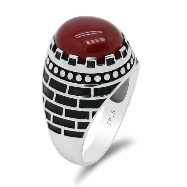 

cluster rings real pure mens silver s925 men's turkey with natural red agate stone turkish jewelry wife husband anniversary gift, Golden;silver