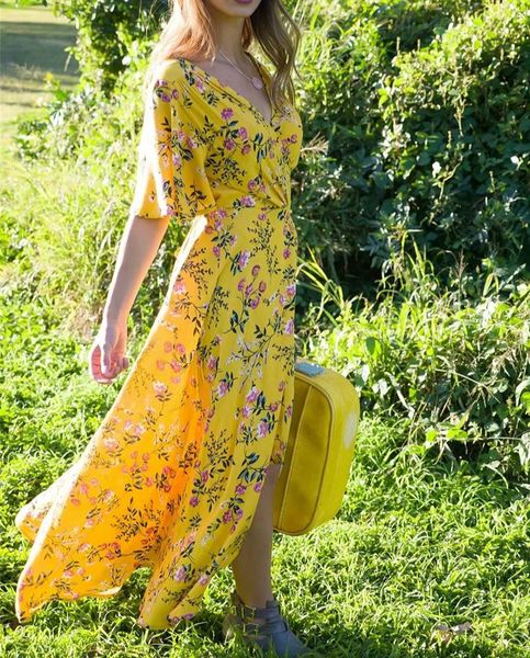 

casual dresses happie queens women yellow floral print short sleeve beach bohemian maxi dress ladies cross v neck boho vestidos, Black;gray