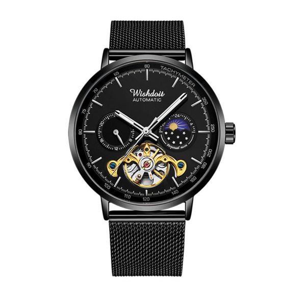 

wristwatches montre homme wishdoit sport men mechanical moon phase wrist watch brand ultra-thin automatic waterproof clock skeleton man, Slivery;brown