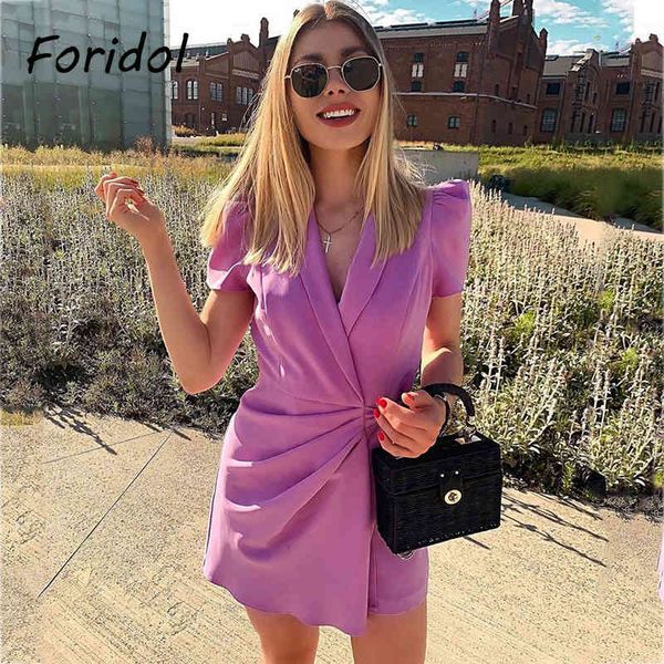 Lila Strampler Jumpsuits Frauen V-Ausschnitt Chic Playsuit Overalls Casaul Sommer Büro Dame Strampler weiblich Bowknot 210415