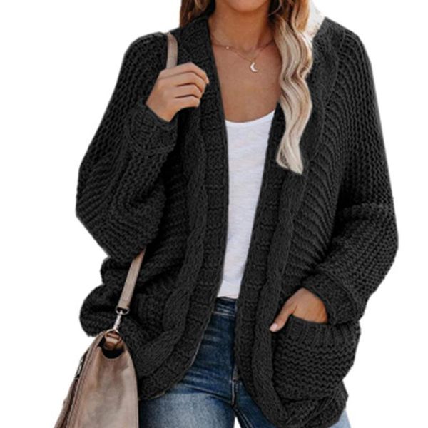 

women's knits & tees 2021 fall and winter fashion oversized cardigans women with pockets pure pink plus size loose knitted coats ladies, White