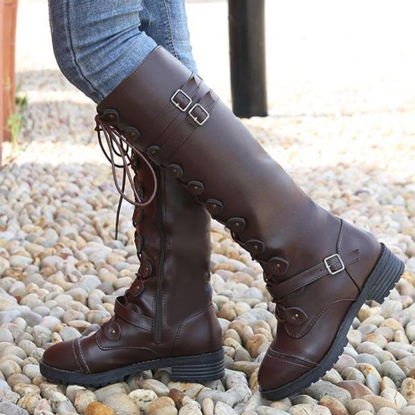 

boots lucyever fashion buckle low heels knee high women autumn pu leather lace up riding woman side zip long botas mujer, Black
