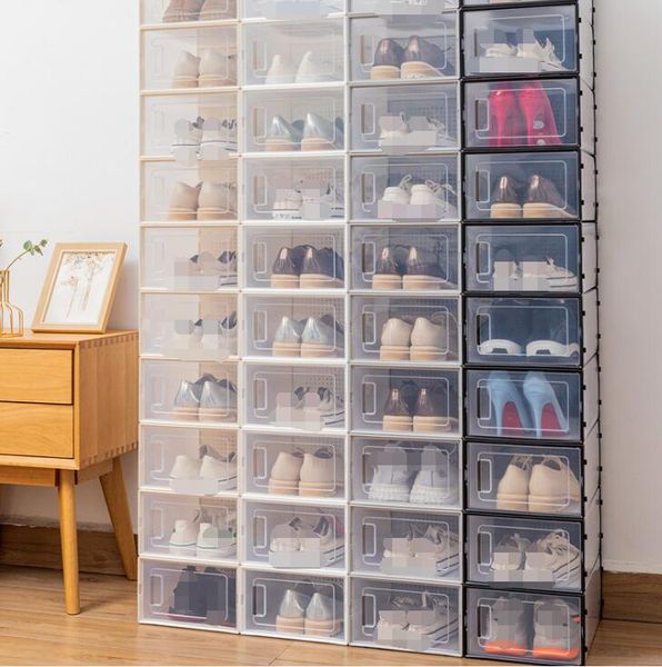 scatola di scarpe allargata trasparente nera Stoccaggio pieghevole Plastica trasparente Organizzatore domestico Display impilabile Combinazione sovrapposta Contenitori di scarpe Scatole per armadietti