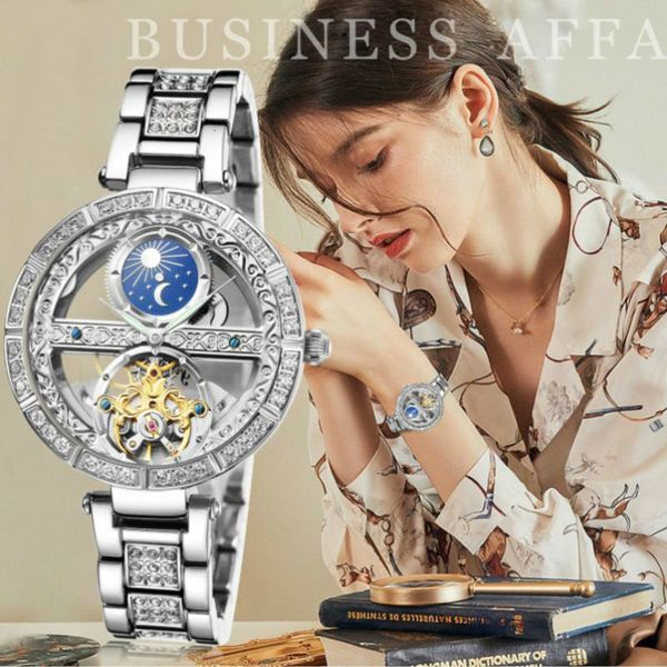 

senors new moon phase diamond cutting hollow automatic mechanical clock female 147 business waterproof montre mecanique femme, Slivery;brown