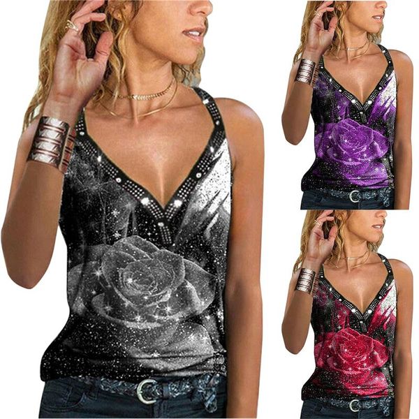 

women's tanks & camis sleeveless t-shirt summer fashion clothing shirt loose v-neck flower print vest top, White