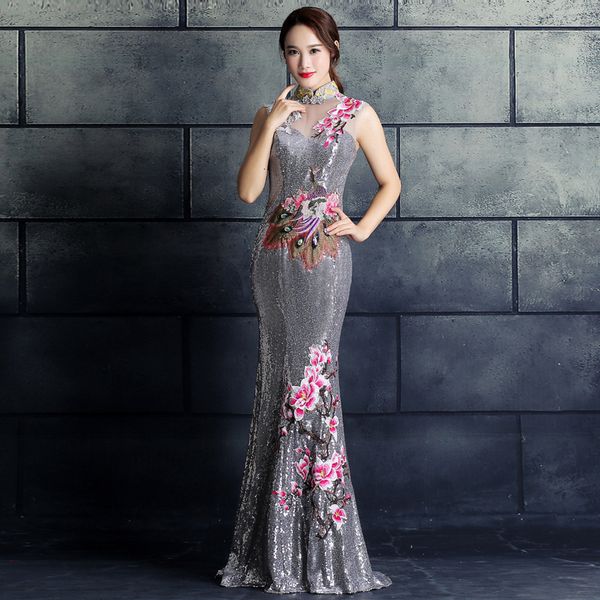 

host's annual meeting evening dr's 2021 summer performance banquet long slim fishtail sequin cheongsam skirt, Black