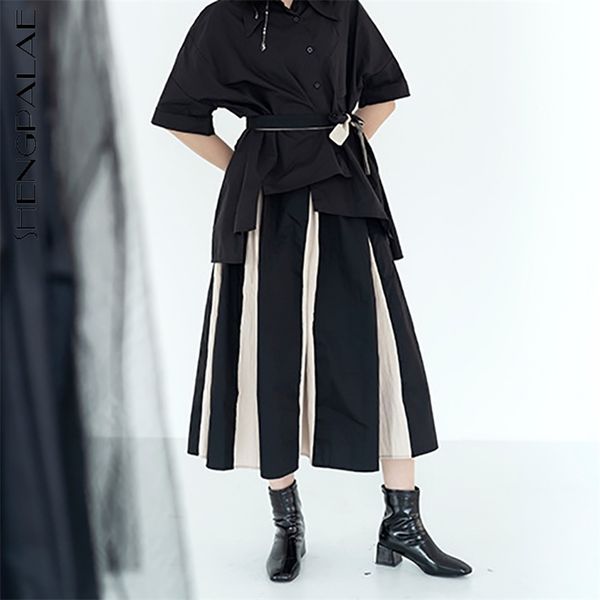 

patchwork contrast color skirt women's summer high waist a-line big swing mid-calf female tide 5e216 210427, Black