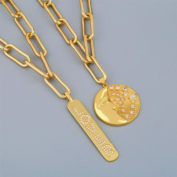 

geometric round pendant necklace for women lover lettering accessories thick link chains necklaces cubic zirconia jewelry gifts, Silver