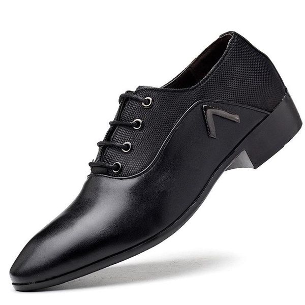 

dress shoes acebuy2 men leather breathable lace-up flat business pointed toe wedding pu male, Black