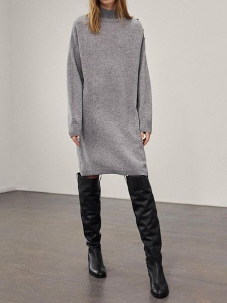 

casual dresses women turtleneck knitted dress lady simple long sleeve shoulder buttons knitwear female gray knee-length, Black;gray