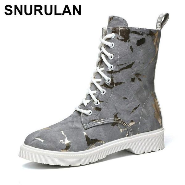 

boots snurulangray winter mid calf warm for women flat platform punk bootse010, Black