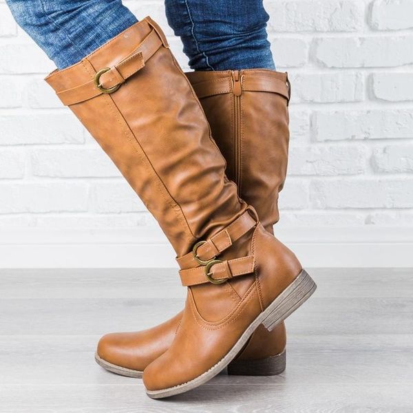 

boots autumn winter pu leather women shoes buckle strap knee high platform punk long vintage riding large size1, Black