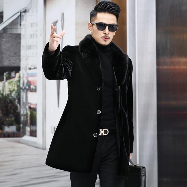 

men's leather & faux warm real collar jacket men winter 2021 business sheep shearing coat male white duck down jackets abrigo hombr, Black
