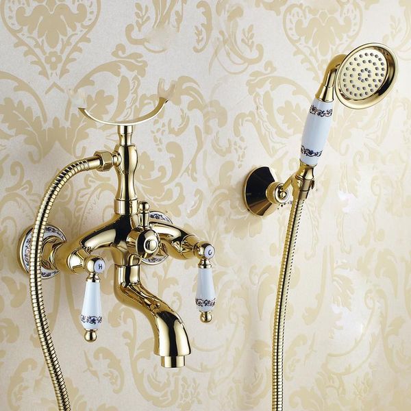 

luxury crystal handwheel gold bathroom bathtub shower faucet set diverter spray mixer tap wall mounted brass valve accessories sets