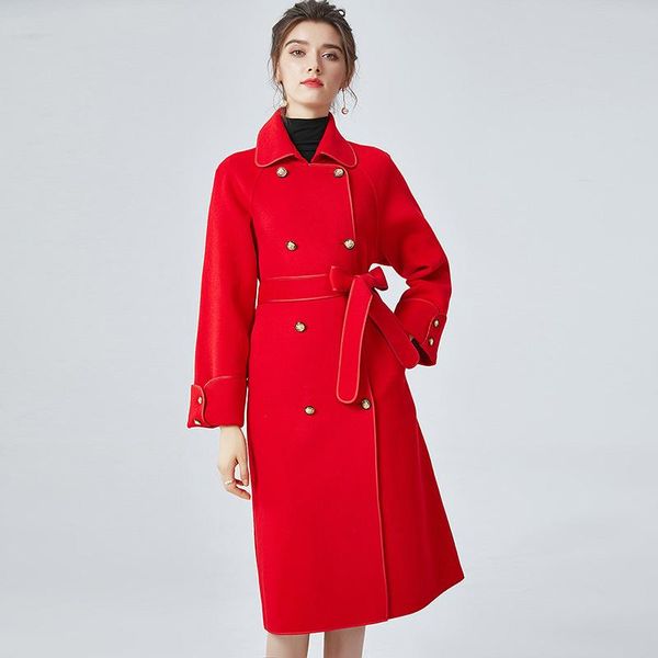 

women's wool & blends cashmere double-sided trench slim autumn winter woollen coat female double breasted long, Black