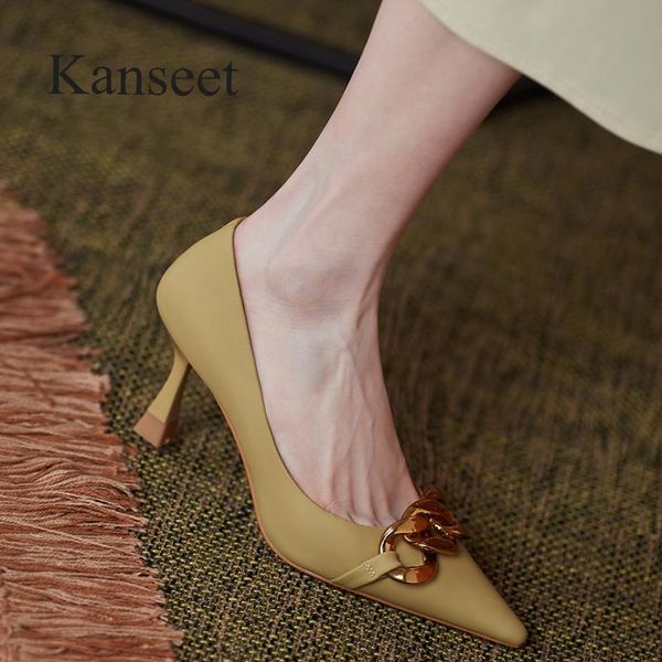

dress shoes kanseet 2021 genuine leather handmade spring women's chain decoration party elegant pointed toe high heels woman shoe, Black