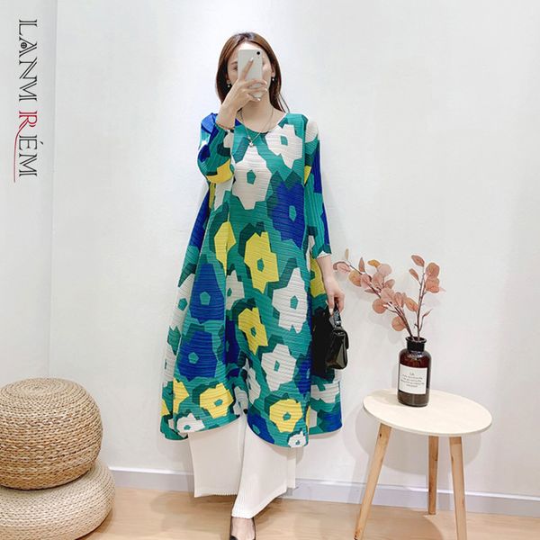 

women dress printing round neck a-line green plus size temperament loose fit pleated fashion summer 2h252 210507, Black;gray