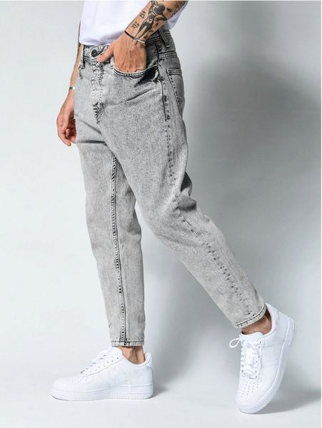 

romwe guys washed cropped jeans m9q5#, Blue