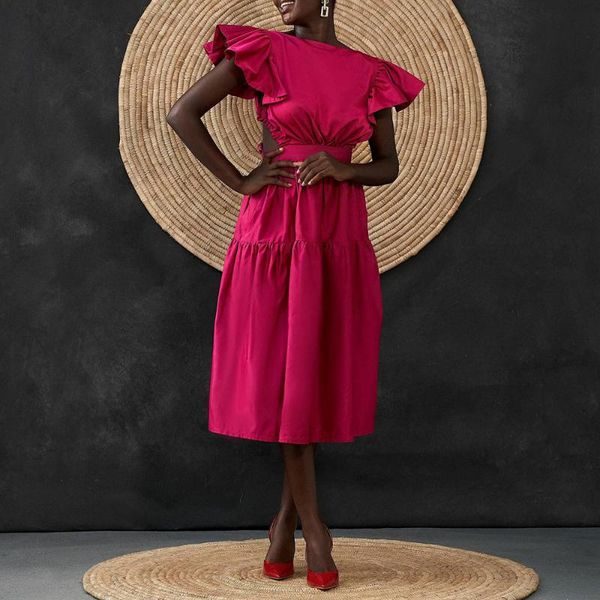 

party dresses african 2021 high waist solid color temperament commute hollow out backless women's dress lotus sleeve round neck, White;black