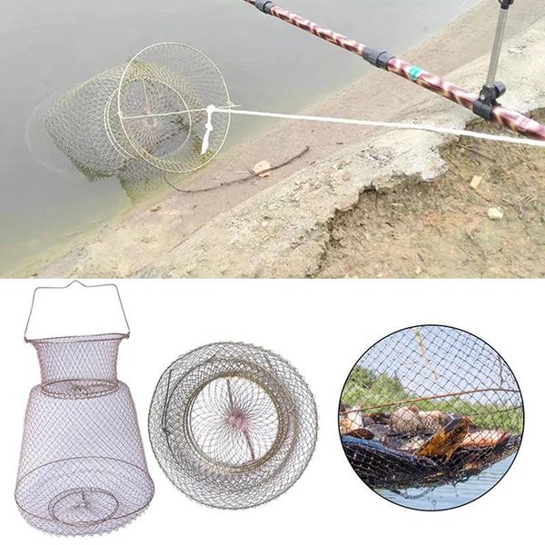 

fishing accessories portable metal wire net fish crabs squid shrimp mesh cage cast trap network foldable tackle