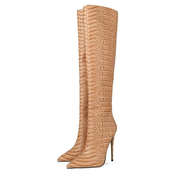 

boots women knee high crocodile print wide calf thin heel shoes, Black