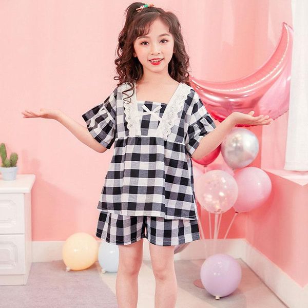 

to 14 years teenage girls pajama set cute plaid girl pajamas suit homewear sleepwear pink black 2pcs clothes clothing sets, White