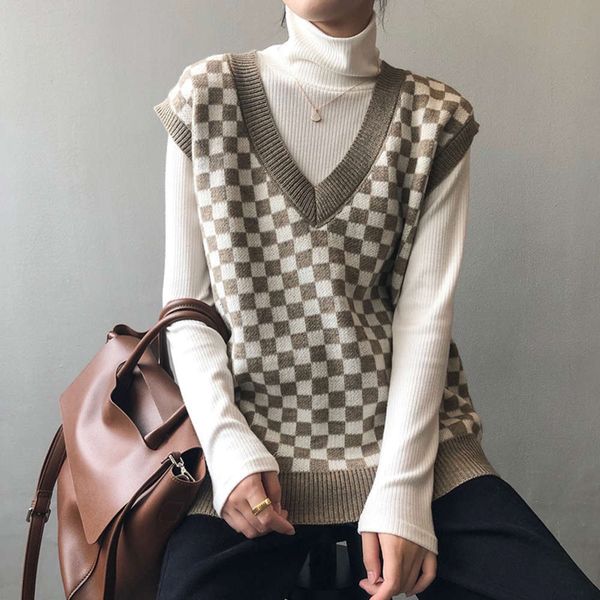 

plaid v-neck knitted vest women's autumn winter sleeveless sweater, White