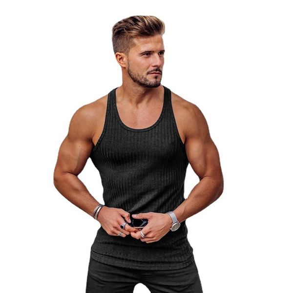 T-shirt fitness senza maniche lavorata a maglia slim fit gilet sportivo strisce palestra stringer canotta uomo solido moda canotte abbigliamento estivo 210421