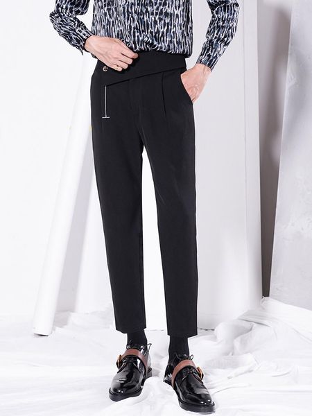 

m~3xl 2021 men's clothing fashion original hair stylist irregular male trend slim nine feet pants, Black