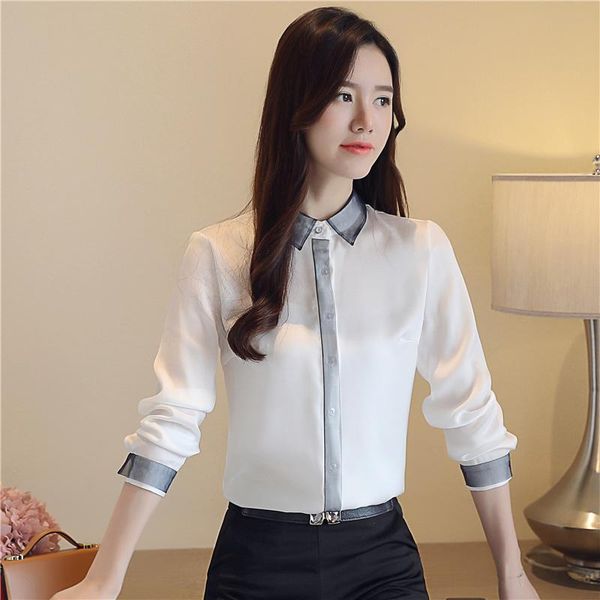

women's blouses & shirts female korea office chiffon career blouse spring casual loose splice satin women blusas shirt, White
