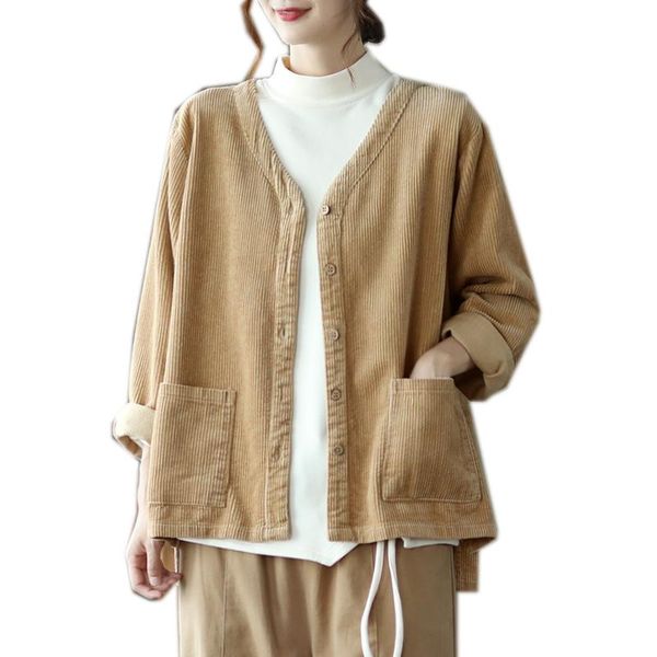

women's jackets women corduroy cotton jacket outwear o neck for autumn winter fashion casual loose retro vintage khaki solid female a08, Black;brown