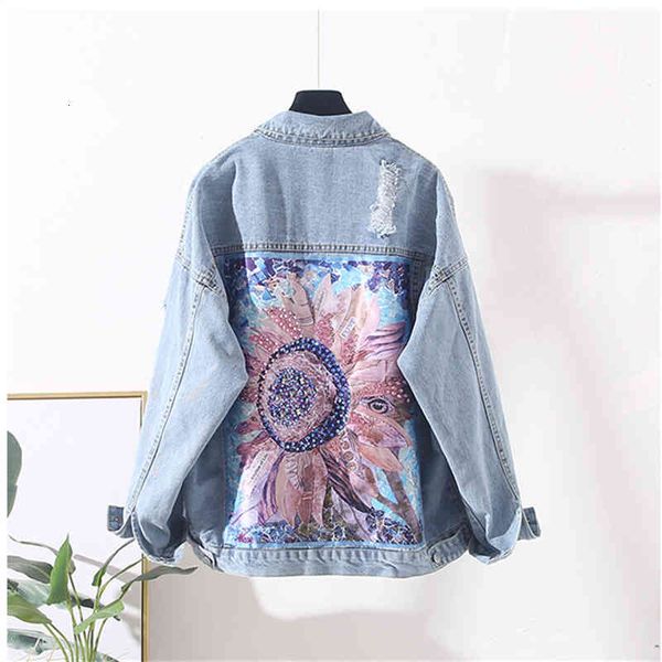 

women's fur & faux spring autumn denim jacket women fashion beading print hole jeans pocket loose coat ladies s streetwear g128 sz, Black