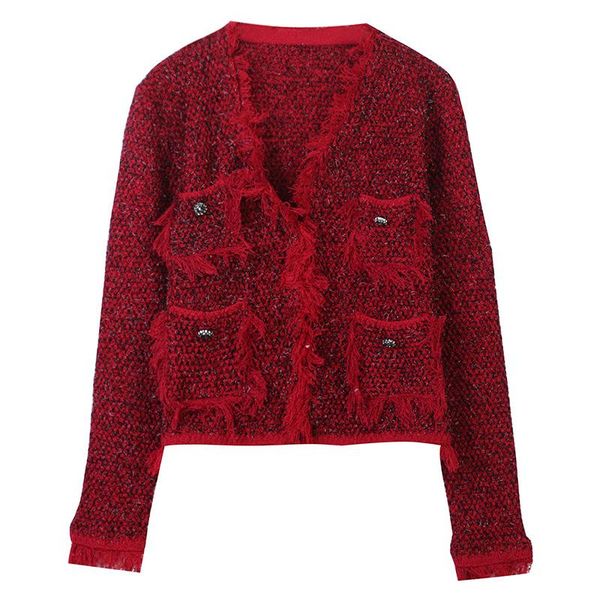 

ladies autumn fashion small stand collar tweed jacket women slim button long sleeve banquet style short women's knits & tees, White