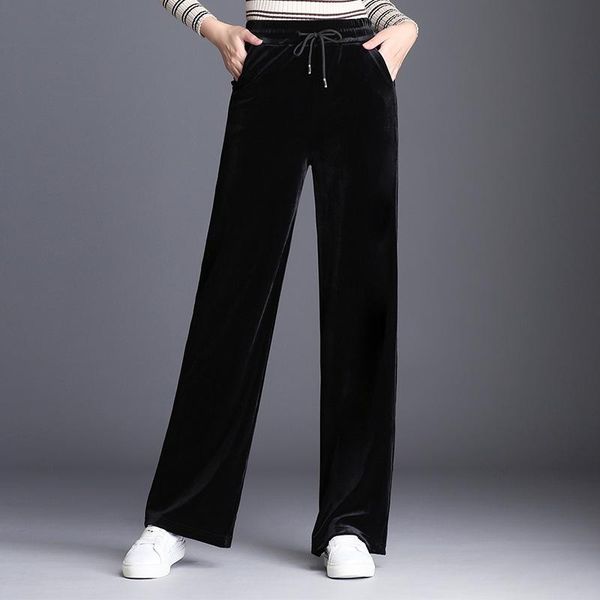 

women's pants & capris winter warm thick women velvet high waist plus size loose casual staight trousers velour wide leg lady 5xl 6xl, Black;white
