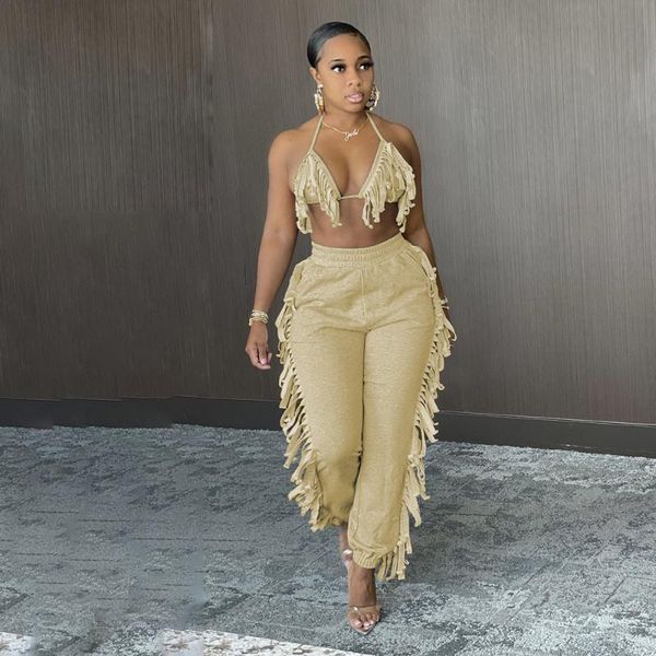 

women's two piece pants vavcy 2021 summer pant suits block color front ripped tassel bikini + lounge women set, White