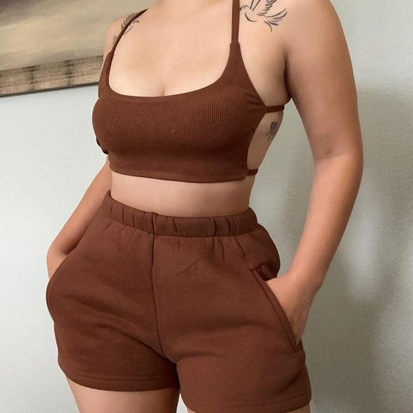 

women's tracksuits 2-piece training suit backless shorts loungewear set clothing for women sporty fashion laid tape, Gray