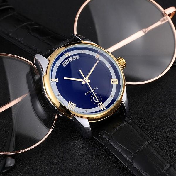 

automatic mechanical hollow-out watch waterproof fashion double calendar men's choice wristwatches, Slivery;brown