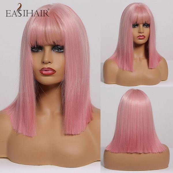 

pink straight bob wig women medium length synthetic wigs with bangs natural hair high temperature wig cute cosplay wigs, Black