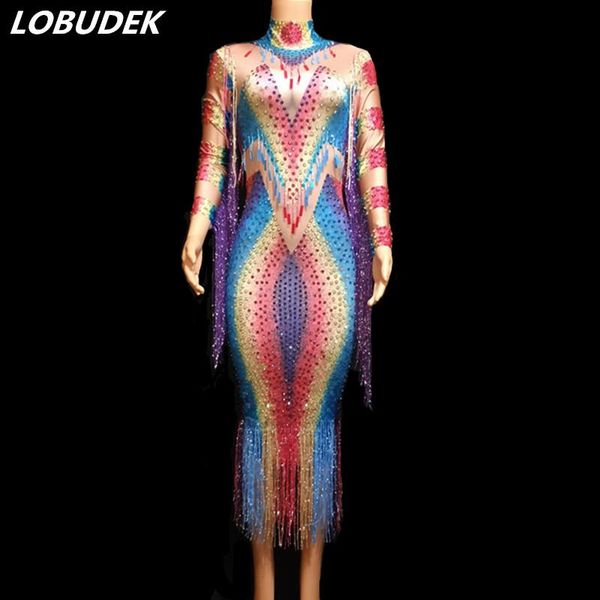 

casual dresses female singer host evening celebration performance long dress fashion colorful rhinestones tassels elastic stage costume, Black;gray